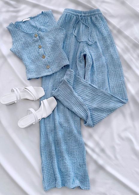 Mavi Emj Gofre Yelek Takım