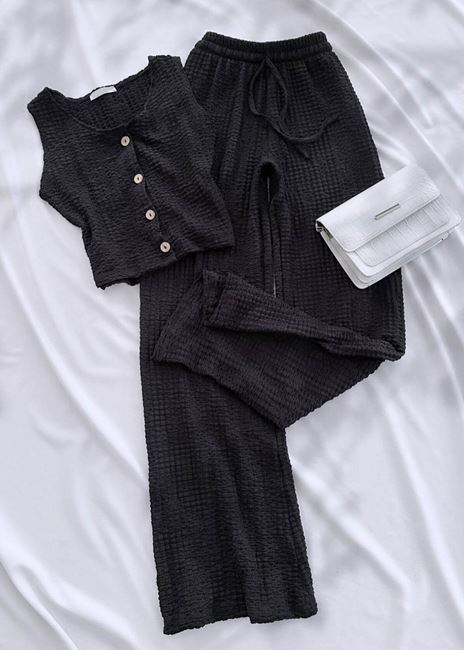 Siyah Emj Gofre Yelek Takım