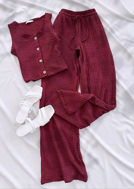 Bordo Emj Gofre Yelek Takım