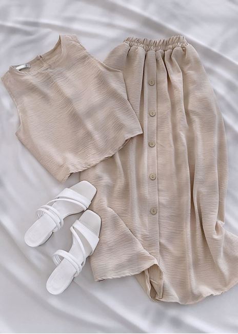 Bej Dokuma Midi Etek Takım