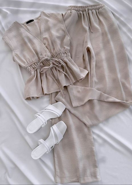 Bej Bel Büzgü Dokuma Pantolon Takım