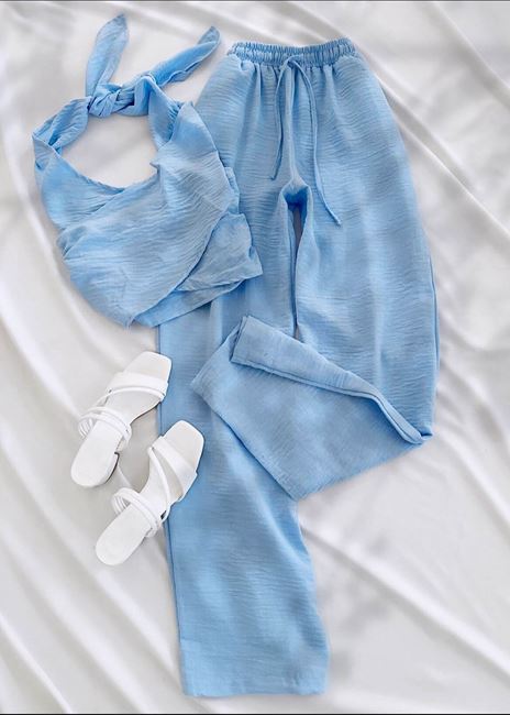 Mavi Boyun Bağlama Dokuma Pantolon Takım