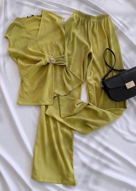 Yağ Yeşili Tokalı Bel Detay Takım