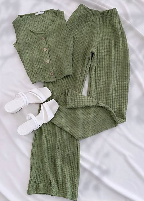 Yeşil Emj Gofre Yelek Takım