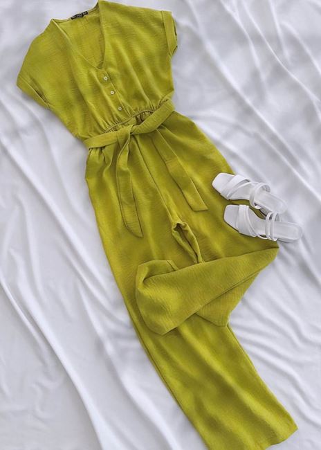 Yağ Yeşili Bel Lastik Detay Tulum