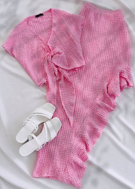 Pembe Asimetrik Fırfır Gofre Etek Takım