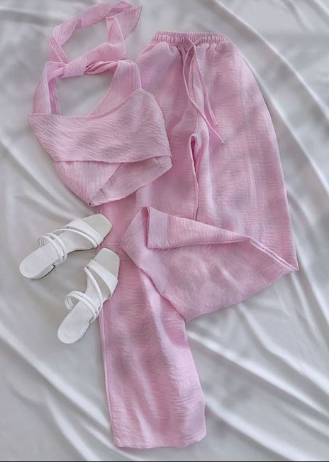 Pembe Boyun Bağlama Dokuma Pantolon Takım