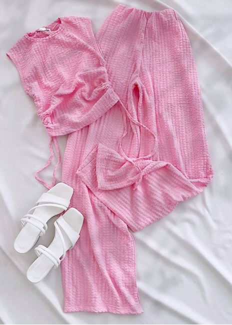 Pembe Atlet Kol Büzgülü Gofre Takım