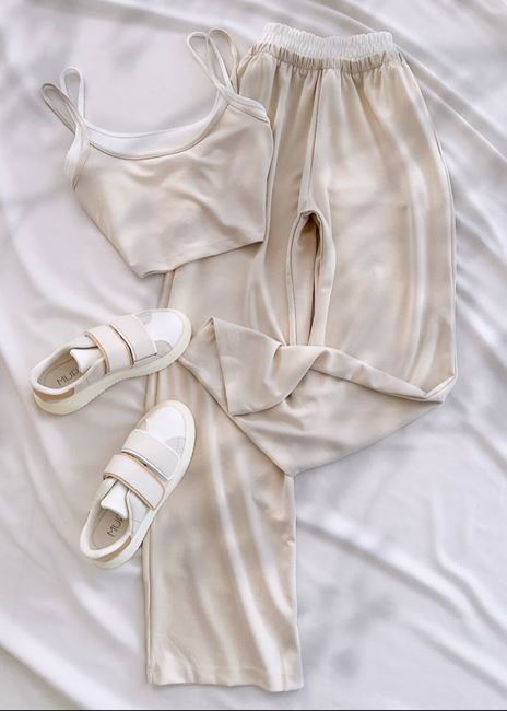 Bej Çift Crop Detay Takım