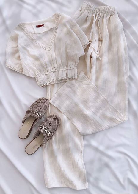 Bej Örgü Yaka Keten Takım