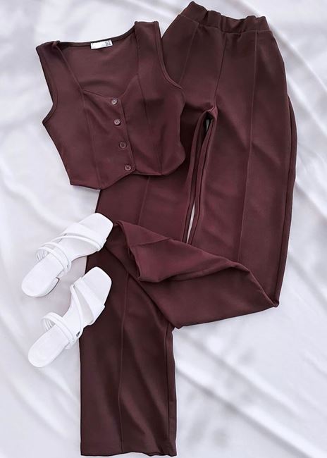 Kahverengi Yelekli Pantolon Takım