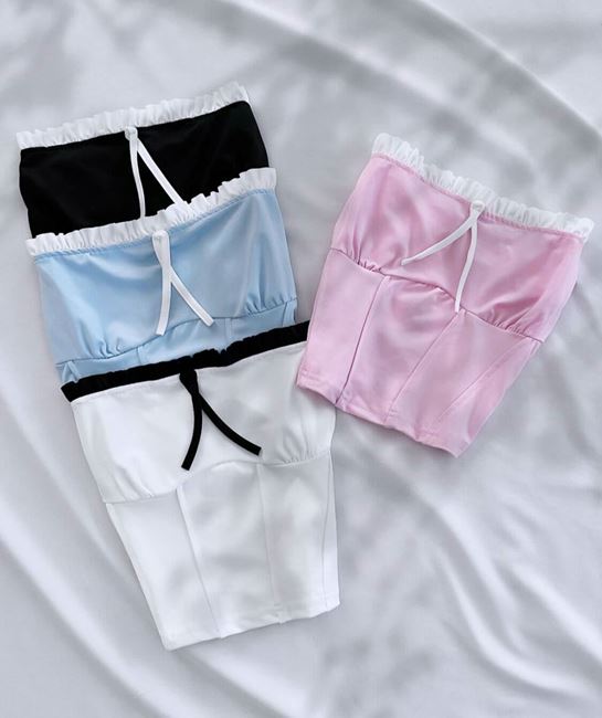 Pembe Fırfır Detay Straplez Crop