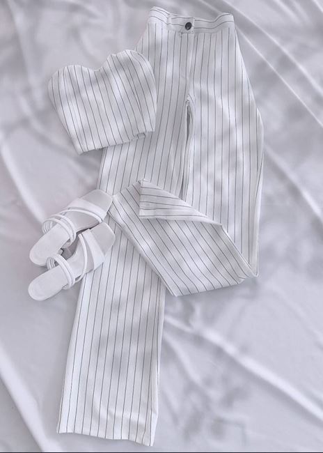 Beyaz Çizgili Straplez Takım