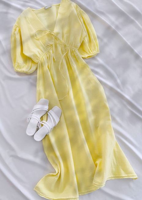 Sarı Müslin Bağlama Detay Elbise