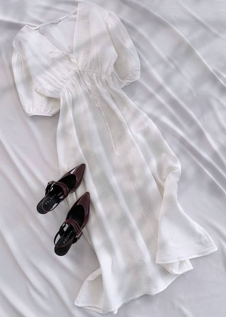 Beyaz Müslin Bağlama Detay Elbise