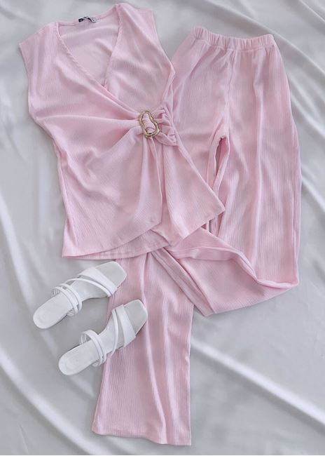 Pembe Tokalı Bel Detay Takım