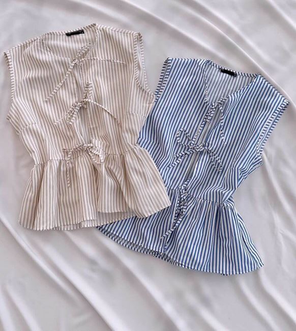 Bej İnce Çizgi Ön Bağlama Detay Bluz