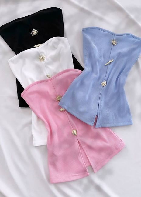 Pembe Straplez Düğme Detay Bluz