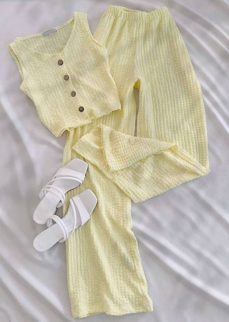 Sarı Emj Gofre Yelek Takım