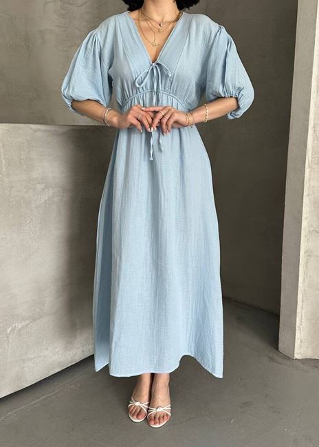 Mavi Müslin Bağlama Detay Elbise
