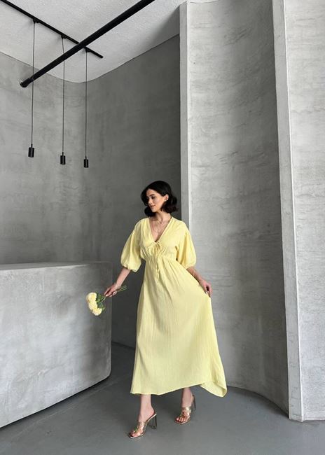 Sarı Müslin Bağlama Detay Elbise