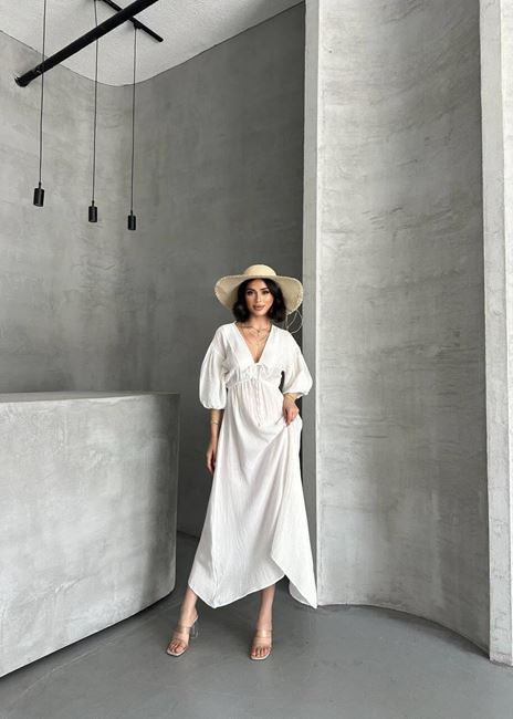 Beyaz Müslin Bağlama Detay Elbise