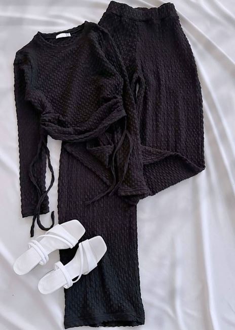 Siyah Uzun Kol Yan Büzgü Gofre Takım