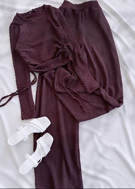 Bordo Uzun Kol Yan Büzgü Gofre Takım