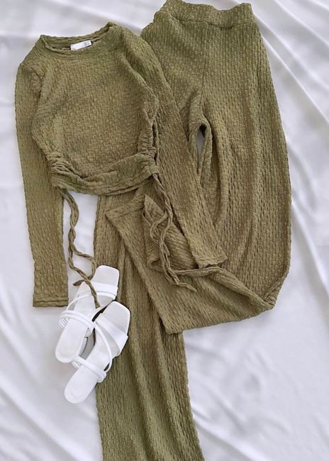 Yağ Yeşili Uzun Kol Yan Büzgü Gofre Takım