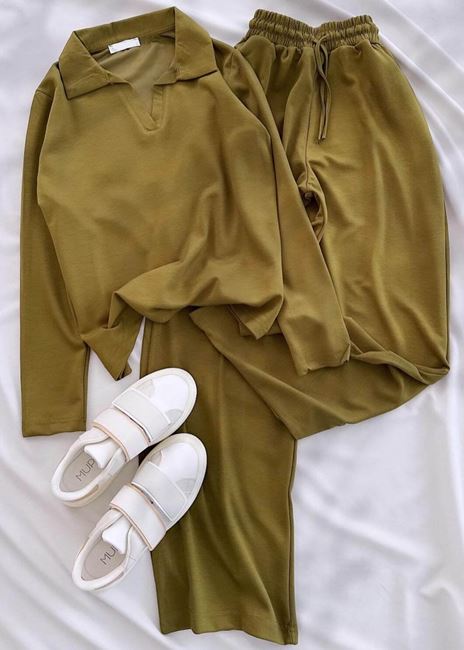 Yağ Yeşili Polo Yaka Modal Takım