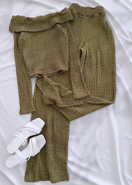 Yağ Yeşili Madonna Yaka Gofre Takım