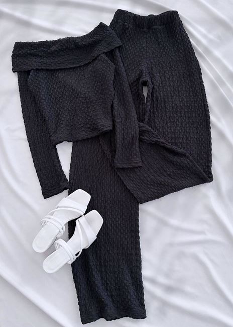Siyah Madonna Yaka Gofre Takım