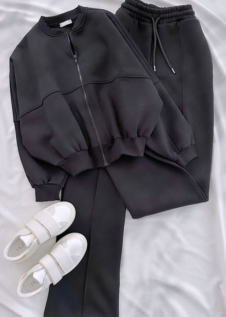 Siyah Bomber 3 İplik Eşofman Takım