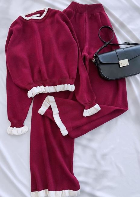 Bordo Fırfır Detay Triko Takım