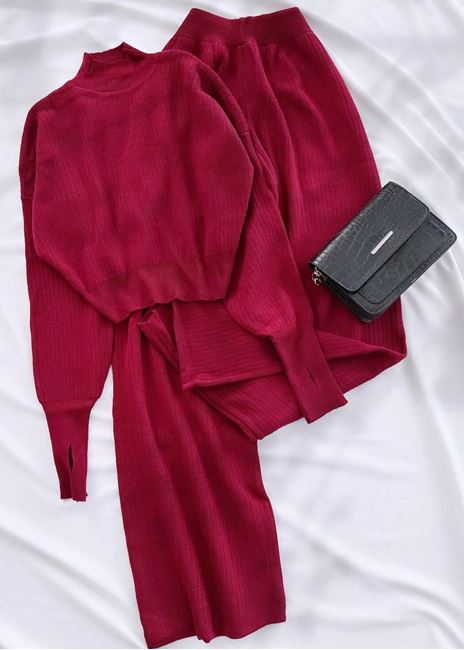 Bordo Parmak Detay Triko Pantolon Takım