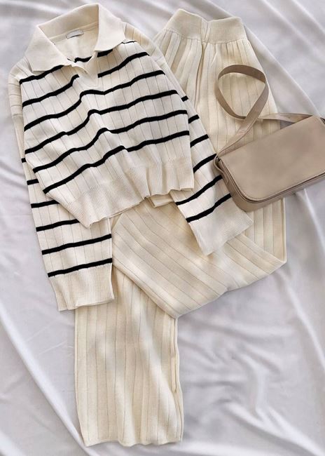 Bej Çizgili Polo Yaka Triko Takım