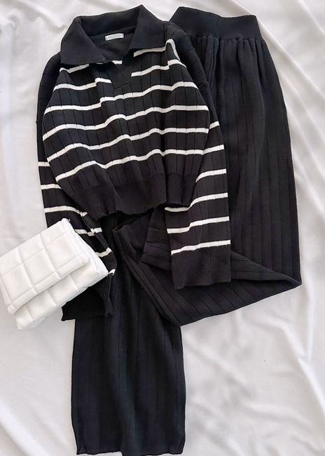 Siyah Çizgili Polo Yaka Triko Takım