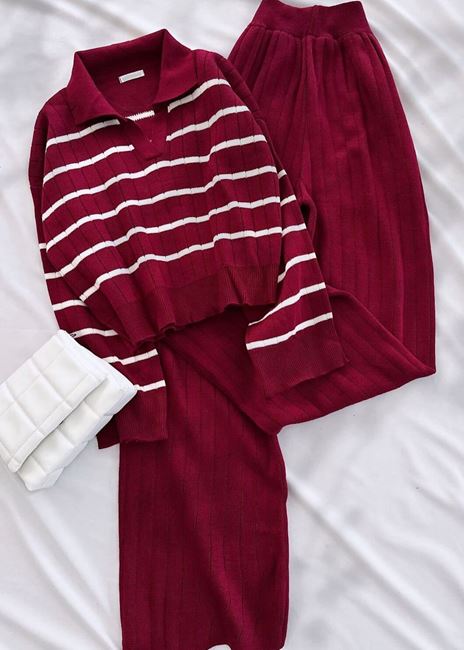 Bordo Çizgili Polo Yaka Triko Takım