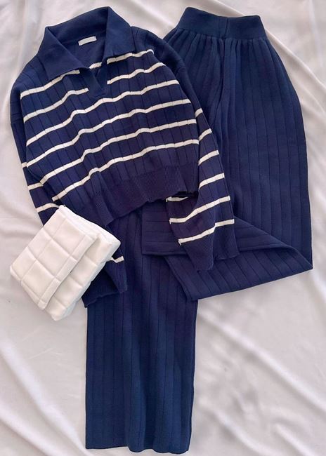 Lacivert Çizgili Polo Yaka Triko Takım