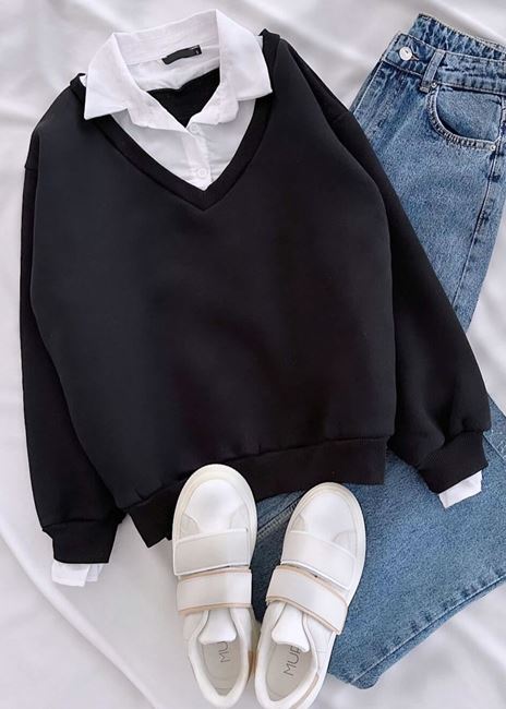 Siyah Gömlek Detay Sweat