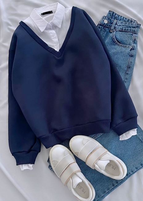 Lacivert Gömlek Detay Sweat