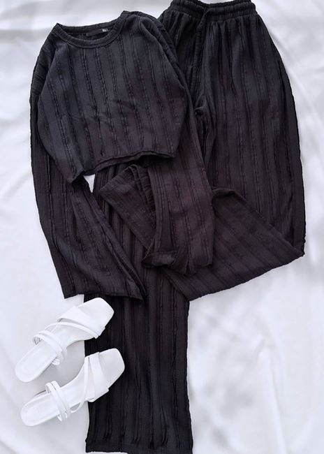 Siyah Dokulu Gofre Kumaş Pantolon Takım