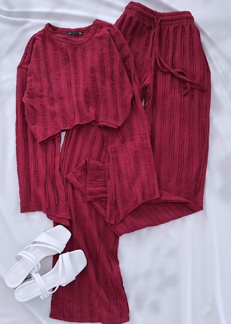 Bordo Dokulu Gofre Kumaş Pantolon Takım