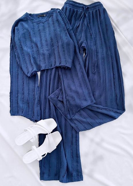 Lacivert Dokulu Gofre Kumaş Pantolon Takım