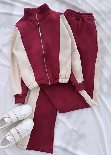 Bordo Bej 3 İplik Ceket Eşofman Takımı