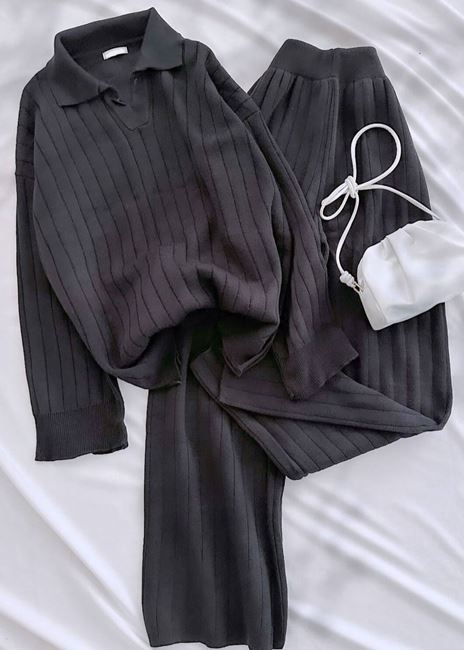 Siyah Polo Yaka Uzun Triko Takım