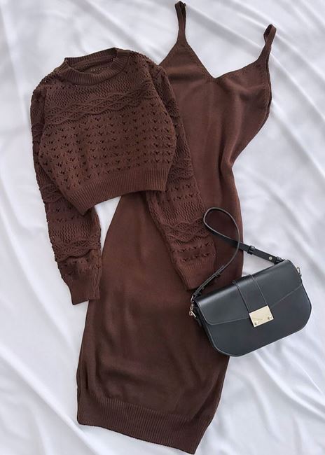 Koyu Kahverengi Ajurlu Crop Elbise Takım