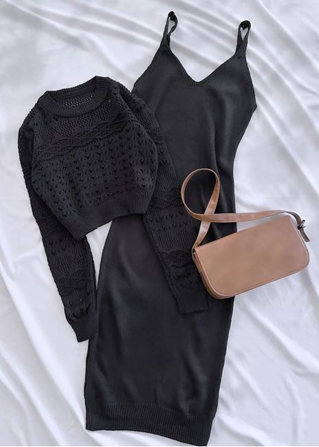 Siyah Ajurlu Crop Elbise  Takım