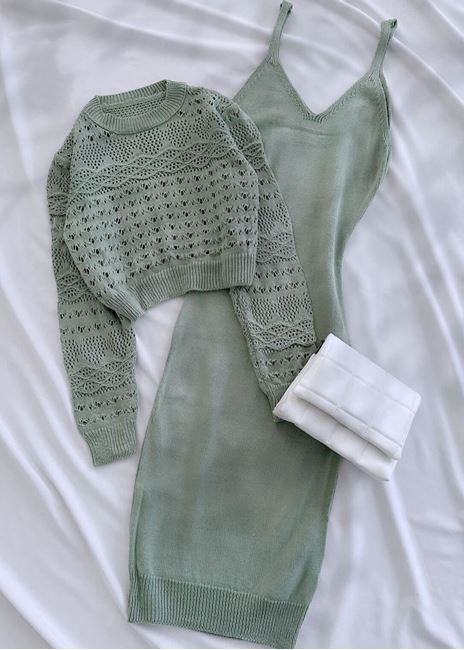 Yeşil Ajurlu Crop Elbise Takım