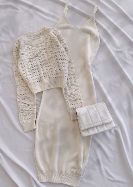 Bej Ajurlu Crop Elbise  Takım